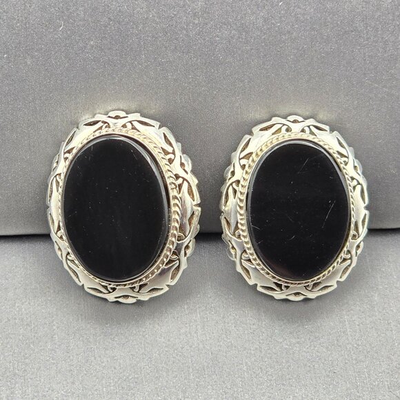 Taxco Jewelry - VTG Taxco Sterling Silver & Black Onyx Filigree Clip-On Earrings 1.25" TS-14